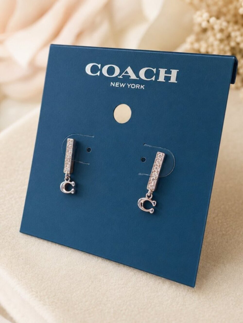 Coach Rose Gold Pavé Bar Stud Earrings C Logo Drop NWT